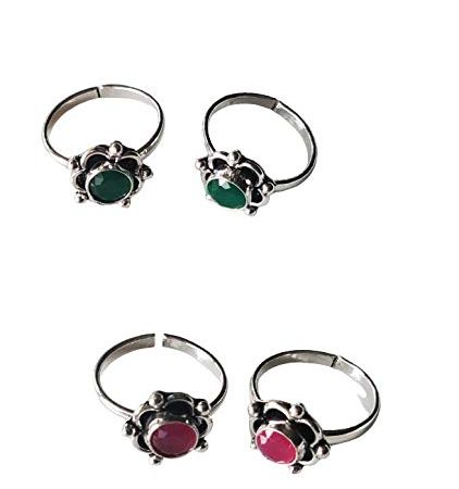 Oxidized German Silver Flower Toe Rings with Stones (2 Pairs)