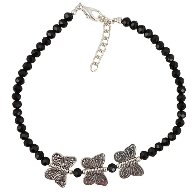 Black Bead Anklet with Silver Butterfly Charm