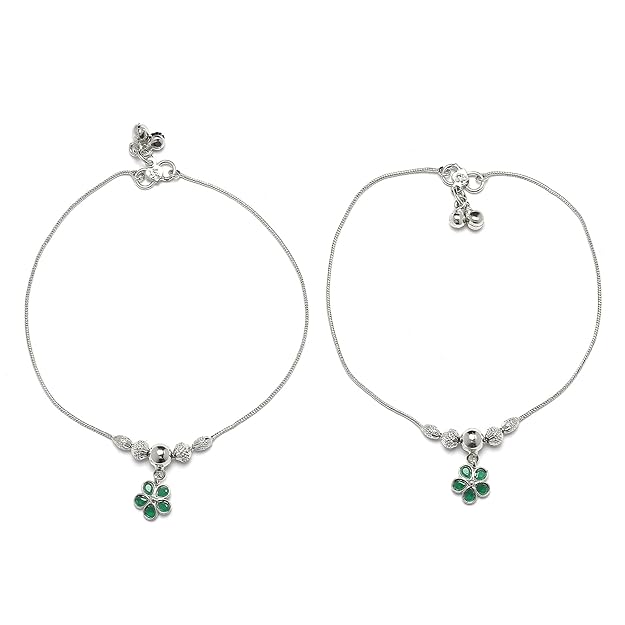 Rhodium-Plated American Diamond Studded Floral Charm Anklets