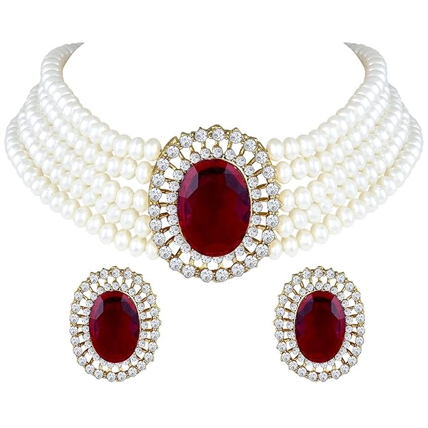 Gold Plated Traditional Stone Studded Pearl Choker Necklace Jewellery Set