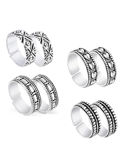 Traditional Silver Oxidised Toe Rings Set