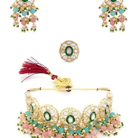 Pink & Green Beads Cluster Drops Kundan Choker Necklace