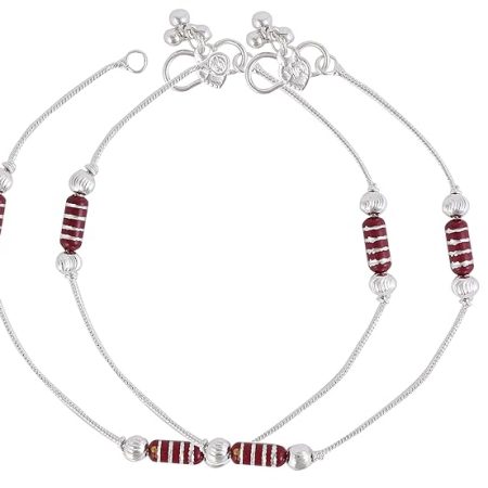 Red Beaded Traditional Silver Plated Anklets for Girls & Women