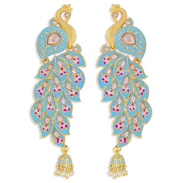 Charming Kundan Gold Plated Peacock Meenakari Chandelier Earring for Women