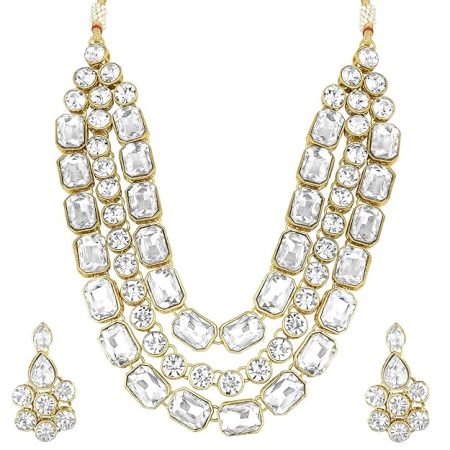 Crystal Studded Gold Plated Layered Long Necklace