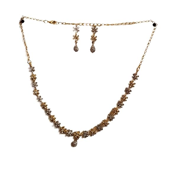Gold & Silver Floral Necklace Set for Women | Cubic Zirconia (CZ) Stone Necklace with Matching Earrings | Wedding, Party & Festive Jewelry | Elegant & Lightweight Jewelry Gift for Women