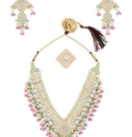Green Pink Stones & Cluster Beads Kundan Necklace Earring & Ring Set For Women-ZPFK15357