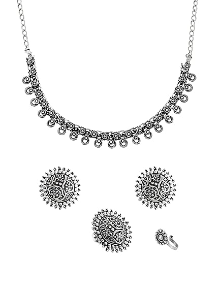 Yellow Chimes Oxidised Necklace Set For Women And Girls German Silver Oxidised Designed Ethnic Jewellery Choker Necklace Set For Women And Girls