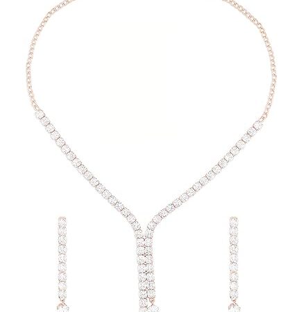 Rose Gold Dazzling Cubic Zirconia Contemporary Party Bling Lariat Necklace & Earring Set For Women-ZPFK16146
