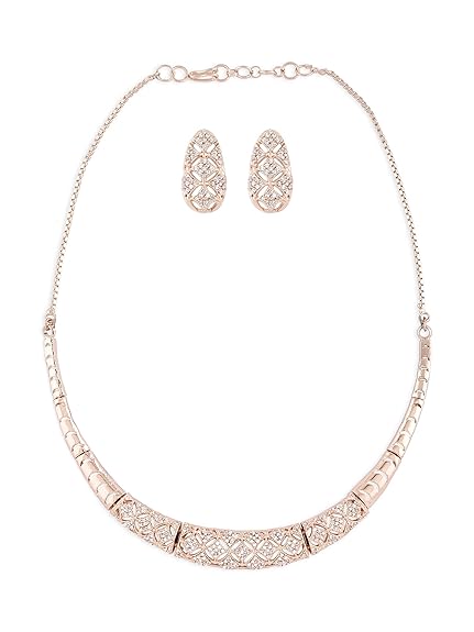 Rose Gold Cubic Zirconia Party Bling Necklace & Earring Set For Women-ZPFK15274