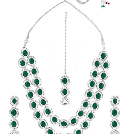 Green Stones Dazzling Austrian Diamonds Layered Necklace Earring & Maangtikka Set For Women-ZPFK17569