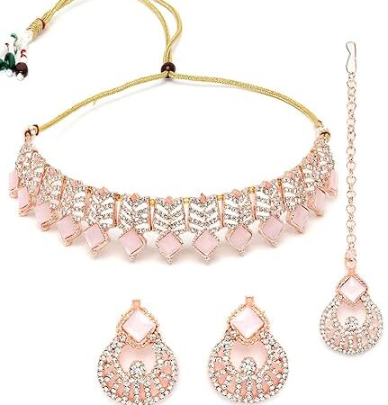 Rose Gold Plated Pink AD Stones & Beads Choker Necklace Set With Earring And Maangtika | Jewellery Set For Women (NS105560)
