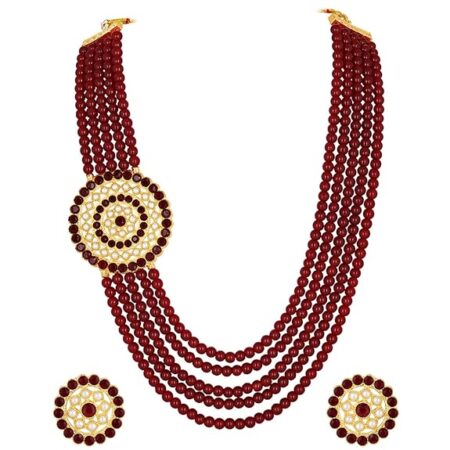 Peora Gold Plated Traditional 5 Layer Kundan Pearl Long Necklace Earrings Jewellery Set for Women