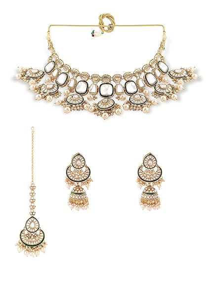 Gold Tone & Green Enamel Kundan Artificial Stones & Pearls Drop Bridal Necklace Earring & Maangtikka Set For Women-ZPFK16933