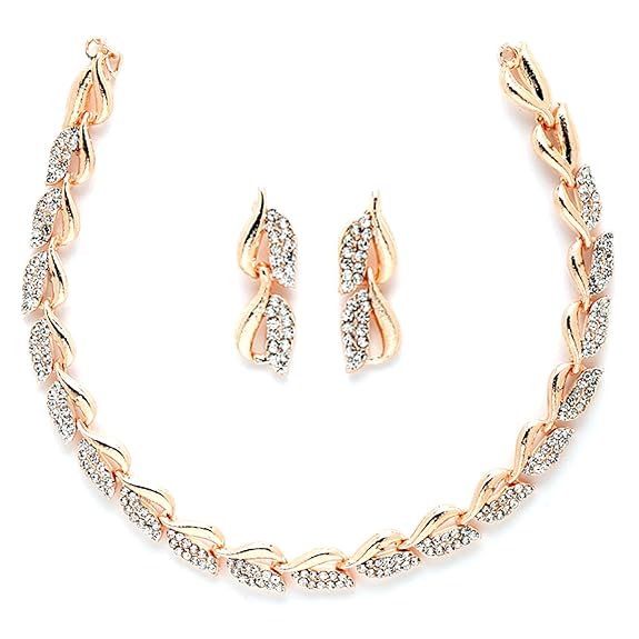 Women American Diamond Studded Intrcately Designed Leaf Shaped Necklace With Earring Jewellery Set For Women and Girl