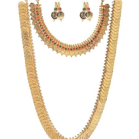 YouBella Jewellery set for women Gold Plated Long Traditional Coin Necklace set and Red Green Choker necklace Jewellery Set with Earrings for Girls and Women