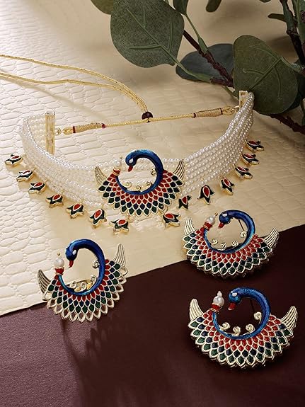 Multicolor Meenakari Peacock Inspired Multistrand Pearls Choker Necklace Earring & Ring Set For Women-ZPFK14436